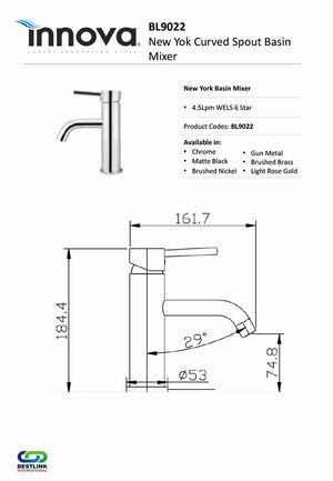 Innova BL9022 New York Curved Spout Basin Mixer