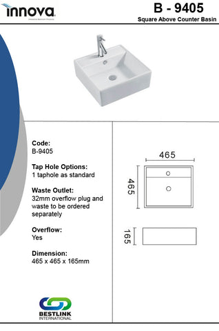 Innova B9405W 465mm Square Wall Hung Basin