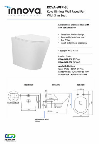 Innova KOVAWFPSL Kova Rimless Wall Faced Pan