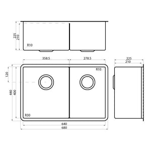 Tilo TKS-C300R Compatto 68cm Wide 1 & 3/4 Deep Multi Bowl Radial Corner Sink