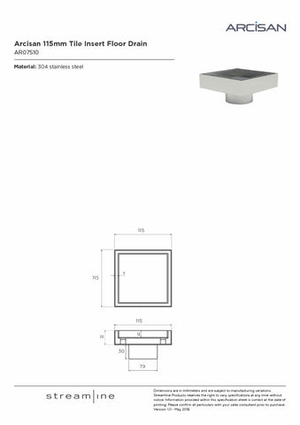 Arcisan AR07510 115mm x 115mm Tile Insert Floor Waste