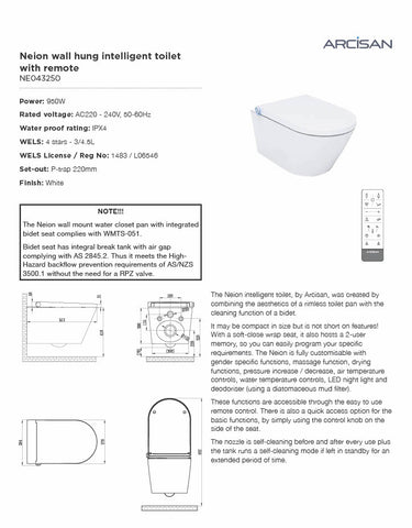 Arcisan NE041305 Neion Wall Hung Intelligent Toilet with Remote & Concealed Cistern with Frame