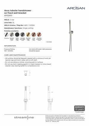 Arcisan AX02430 Axus Tubular Handshower On Fixed Wall Bracket