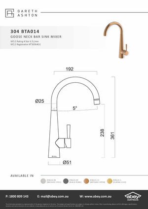 Gareth Ashton BTA014 304 Gooseneck Bar Sink Mixer