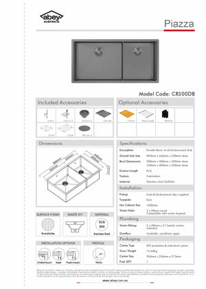 Abey CR500DB Piazza Black Pearl One & 3/4 Square Bowl Sink