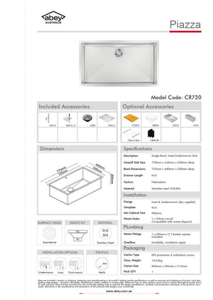 ABEY CR720 PIAZZA 770mm Wide Stainless Steel Sink