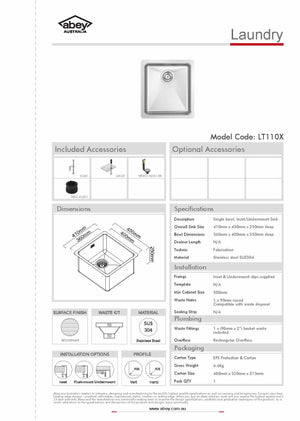 Abey LT110 36 Litre Single Bowl Sink