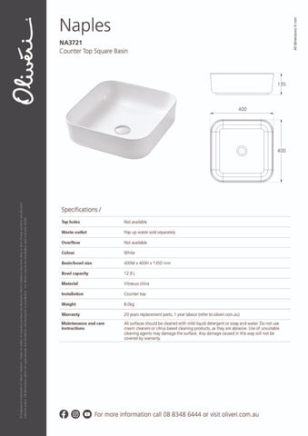 Oliveri NA3721 Naples Counter Top Square Basin