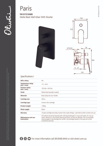 Oliveri PA101500 Paris Wall Mixer With Diverter