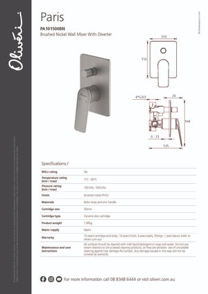 Oliveri PA101500 Paris Wall Mixer With Diverter