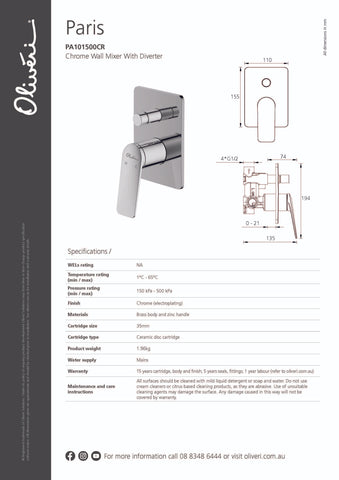 Oliveri PA101500 Paris Wall Mixer With Diverter