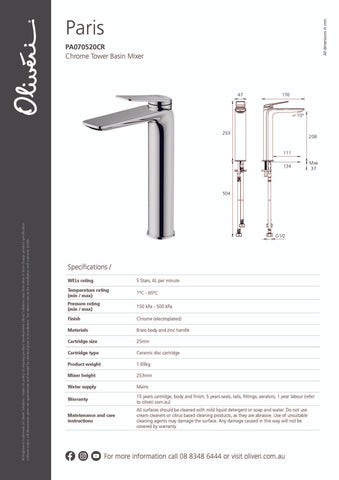 Oliveri PA070520 Paris Tower Basin Mixer