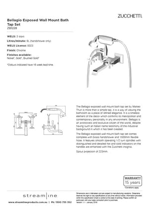 Zucchetti ZB1228 Bellagio Exposed Wall Mount Bath Tap Set