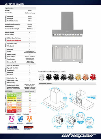 Whispair X5V09S5.EPP Vienna 90cm Wall Hung Canopy Roof / Wall KleenAir Pro Plus 2010m3/hr External