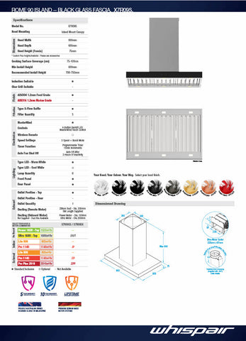 Whispair X7R09S5.IP Rome Island 90cm Black Fascia Island Hung Canopy KleenAir Pro 1140m3/hr Inline