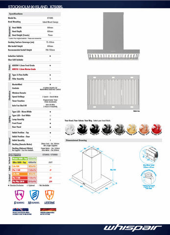 Whispair X7S09S6.OU/T Stockholm 90cm Island Hung Canopy Top Ducted KleenAir Ultra 1680m3/hr