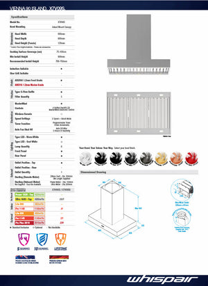 Whispair X7V09S5.EPP Vienna Island 90cm Island Hung Canopy Roof / Wall KleenAir Pro Plus 2010m3/hr External